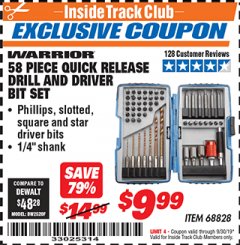 Harbor Freight ITC Coupon WARRIOR DRILL AND DRIVER BIT SET, 58-PIECE Lot No. 68828 Expired: 9/30/19 - $9.99