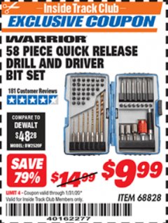 Harbor Freight ITC Coupon WARRIOR DRILL AND DRIVER BIT SET, 58-PIECE Lot No. 68828 Expired: 1/31/20 - $9.99