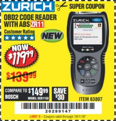 Harbor Freight Coupon ZURICH OBD2 CODE READER WITH ABS ZR11 Lot No. 63807 Expired: 10/1/18 - $119.99