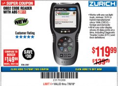 Harbor Freight Coupon ZURICH OBD2 CODE READER WITH ABS ZR11 Lot No. 63807 Expired: 7/18/18 - $119.99