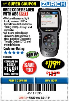 Harbor Freight Coupon ZURICH OBD2 CODE READER WITH ABS ZR11 Lot No. 63807 Expired: 8/31/18 - $119.99