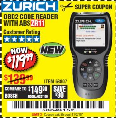 Harbor Freight Coupon ZURICH OBD2 CODE READER WITH ABS ZR11 Lot No. 63807 Expired: 11/2/18 - $119.99