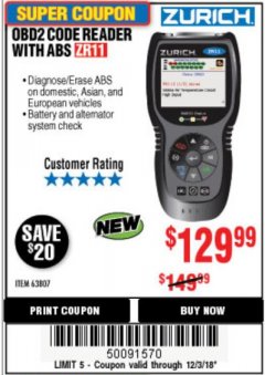 Harbor Freight Coupon ZURICH OBD2 CODE READER WITH ABS ZR11 Lot No. 63807 Expired: 12/3/18 - $129.99