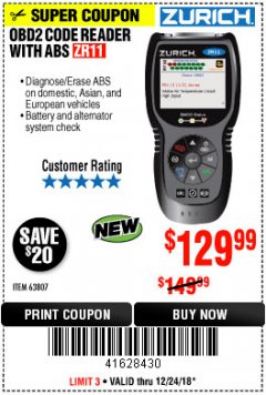 Harbor Freight Coupon ZURICH OBD2 CODE READER WITH ABS ZR11 Lot No. 63807 Expired: 12/24/18 - $129.99