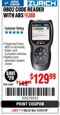 Harbor Freight Coupon ZURICH OBD2 CODE READER WITH ABS ZR11 Lot No. 63807 Expired: 12/24/18 - $129.99
