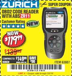 Harbor Freight Coupon ZURICH OBD2 CODE READER WITH ABS ZR11 Lot No. 63807 Expired: 2/5/19 - $119.99