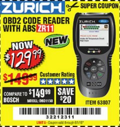 Harbor Freight Coupon ZURICH OBD2 CODE READER WITH ABS ZR11 Lot No. 63807 Expired: 5/1/19 - $129.99
