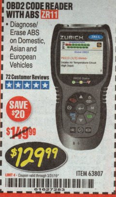 Harbor Freight Coupon ZURICH OBD2 CODE READER WITH ABS ZR11 Lot No. 63807 Expired: 3/31/19 - $129.99