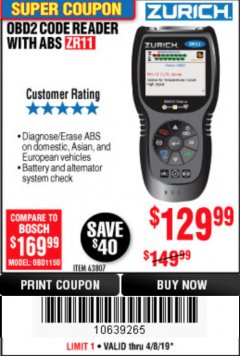 Harbor Freight Coupon ZURICH OBD2 CODE READER WITH ABS ZR11 Lot No. 63807 Expired: 4/8/19 - $129.99