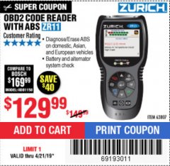 Harbor Freight Coupon ZURICH OBD2 CODE READER WITH ABS ZR11 Lot No. 63807 Expired: 4/21/19 - $129.99