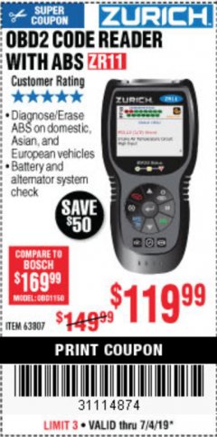 Harbor Freight Coupon ZURICH OBD2 CODE READER WITH ABS ZR11 Lot No. 63807 Expired: 7/4/19 - $119.99