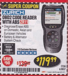 Harbor Freight Coupon ZURICH OBD2 CODE READER WITH ABS ZR11 Lot No. 63807 Expired: 8/31/19 - $119.99