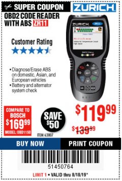 Harbor Freight Coupon ZURICH OBD2 CODE READER WITH ABS ZR11 Lot No. 63807 Expired: 8/18/19 - $119.99