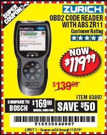 Harbor Freight Coupon ZURICH OBD2 CODE READER WITH ABS ZR11 Lot No. 63807 Expired: 11/9/19 - $119.99