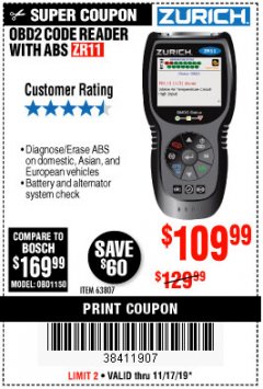 Harbor Freight Coupon ZURICH OBD2 CODE READER WITH ABS ZR11 Lot No. 63807 Expired: 11/17/19 - $109.99