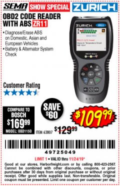 Harbor Freight Coupon ZURICH OBD2 CODE READER WITH ABS ZR11 Lot No. 63807 Expired: 11/24/19 - $109.99