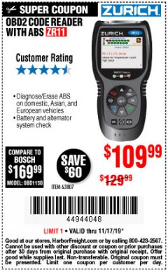 Harbor Freight Coupon ZURICH OBD2 CODE READER WITH ABS ZR11 Lot No. 63807 Expired: 11/17/19 - $109.99