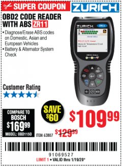 Harbor Freight Coupon ZURICH OBD2 CODE READER WITH ABS ZR11 Lot No. 63807 Expired: 1/19/20 - $109.99