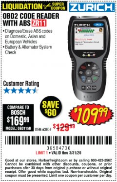 Harbor Freight Coupon ZURICH OBD2 CODE READER WITH ABS ZR11 Lot No. 63807 Expired: 3/31/20 - $109.99