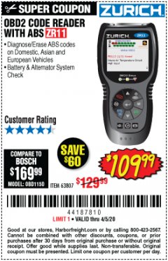 Harbor Freight Coupon ZURICH OBD2 CODE READER WITH ABS ZR11 Lot No. 63807 Expired: 6/30/20 - $109.99