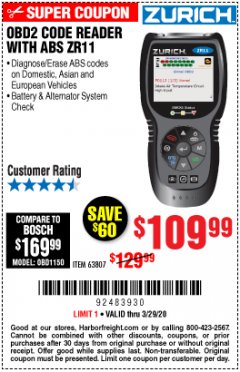 Harbor Freight Coupon ZURICH OBD2 CODE READER WITH ABS ZR11 Lot No. 63807 Expired: 3/29/20 - $109.99