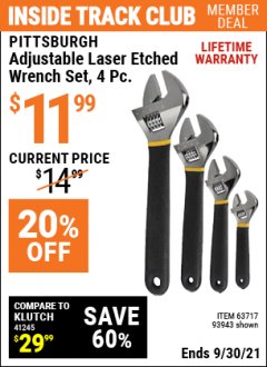 Harbor Freight ITC Coupon PITTSBURGH ADJUSTABLE LASER ETCHED WRENCH SET, 4-PIECE Lot No. 93943 Expired: 9/30/21 - $11.99
