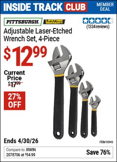 Harbor Freight Coupon PITTSBURGH ADJUSTABLE LASER-ETCHED WRENCH SET, 4-PIECE Lot No. 93943 Valid: 12/31/69 - 4/30/26 - $12.99