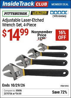 Harbor Freight ITC Coupon PITTSBURGH ADJUSTABLE LASER-ETCHED WRENCH SET, 4-PIECE Lot No. 93943 Valid Thru: 10/29/26 - $14.99