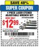 Harbor Freight Coupon PITTSBURGH ADJUSTABLE LASER ETCHED WRENCH SET, 4-PIECE Lot No. 93943 Expired: 5/10/15 - $12.99