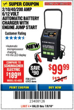 Harbor Freight Coupon 2/10/40/200 AMP 6/12 VOLT AUTOMATIC BATTERY CHARGER WITH ENGINE JUMP START Lot No. 63873/56422 Expired: 7/8/18 - $99.99