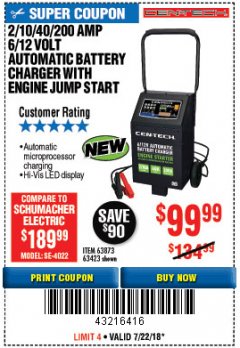 Harbor Freight Coupon 2/10/40/200 AMP 6/12 VOLT AUTOMATIC BATTERY CHARGER WITH ENGINE JUMP START Lot No. 63873/56422 Expired: 7/22/18 - $99.99
