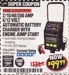 Harbor Freight Coupon 2/10/40/200 AMP 6/12 VOLT AUTOMATIC BATTERY CHARGER WITH ENGINE JUMP START Lot No. 63873/56422 Expired: 11/30/18 - $99.99
