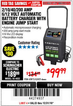 Harbor Freight Coupon 2/10/40/200 AMP 6/12 VOLT AUTOMATIC BATTERY CHARGER WITH ENGINE JUMP START Lot No. 63873/56422 Expired: 12/31/18 - $99.99