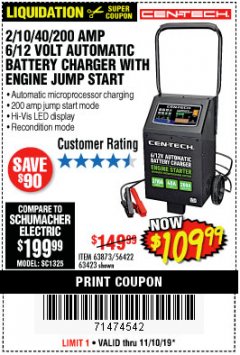 Harbor Freight Coupon 2/10/40/200 AMP 6/12 VOLT AUTOMATIC BATTERY CHARGER WITH ENGINE JUMP START Lot No. 63873/56422 Expired: 11/10/19 - $109.99