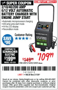 Harbor Freight Coupon 2/10/40/200 AMP 6/12 VOLT AUTOMATIC BATTERY CHARGER WITH ENGINE JUMP START Lot No. 63873/56422 Expired: 2/7/20 - $109.99