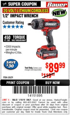 Harbor Freight ITC Coupon BAUER 20 VOLT LITHIUM CORDLESS 1/2" IMPACT WRENCH Lot No. 63629/56176 Expired: 1/10/19 - $89.99