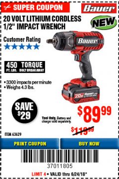 Harbor Freight Coupon BAUER 20 VOLT LITHIUM CORDLESS 1/2" IMPACT WRENCH Lot No. 63629/56176 Expired: 6/24/18 - $89.99