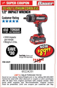 Harbor Freight Coupon BAUER 20 VOLT LITHIUM CORDLESS 1/2" IMPACT WRENCH Lot No. 63629/56176 Expired: 7/31/18 - $89.99