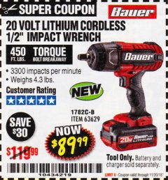 Harbor Freight Coupon BAUER 20 VOLT LITHIUM CORDLESS 1/2" IMPACT WRENCH Lot No. 63629/56176 Expired: 11/30/18 - $89.99
