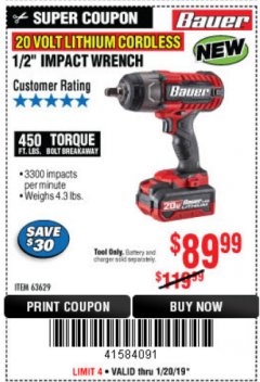 Harbor Freight Coupon BAUER 20 VOLT LITHIUM CORDLESS 1/2" IMPACT WRENCH Lot No. 63629/56176 Expired: 1/20/19 - $89.99