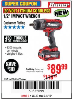 Harbor Freight Coupon BAUER 20 VOLT LITHIUM CORDLESS 1/2" IMPACT WRENCH Lot No. 63629/56176 Expired: 3/4/19 - $89.99