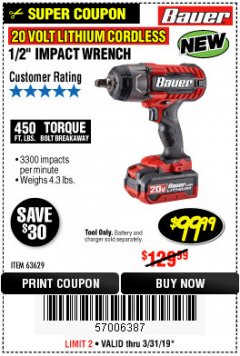 Harbor Freight Coupon BAUER 20 VOLT LITHIUM CORDLESS 1/2" IMPACT WRENCH Lot No. 63629/56176 Expired: 3/31/19 - $99.99