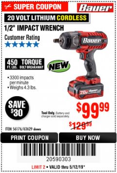 Harbor Freight Coupon BAUER 20 VOLT LITHIUM CORDLESS 1/2" IMPACT WRENCH Lot No. 63629/56176 Expired: 5/12/19 - $99.99