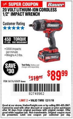 Harbor Freight Coupon BAUER 20 VOLT LITHIUM CORDLESS 1/2" IMPACT WRENCH Lot No. 63629/56176 Expired: 12/1/19 - $89.99