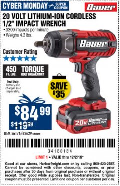 Harbor Freight Coupon BAUER 20 VOLT LITHIUM CORDLESS 1/2" IMPACT WRENCH Lot No. 63629/56176 Expired: 12/2/19 - $84.99