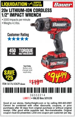 Harbor Freight Coupon BAUER 20 VOLT LITHIUM CORDLESS 1/2" IMPACT WRENCH Lot No. 63629/56176 Expired: 3/31/20 - $94.99
