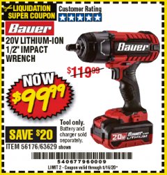 Harbor Freight Coupon BAUER 20 VOLT LITHIUM CORDLESS 1/2" IMPACT WRENCH Lot No. 63629/56176 Expired: 6/30/20 - $99.99