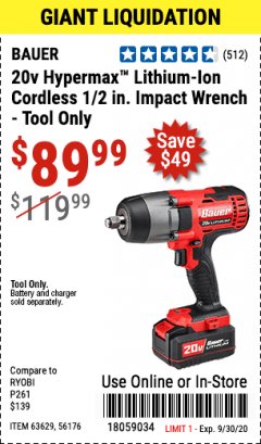 Harbor Freight Coupon BAUER 20 VOLT LITHIUM CORDLESS 1/2" IMPACT WRENCH Lot No. 63629/56176 Expired: 9/30/20 - $89.99
