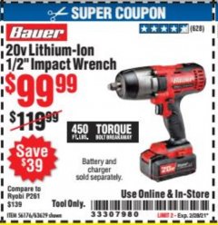 Harbor Freight Coupon BAUER 20 VOLT LITHIUM CORDLESS 1/2" IMPACT WRENCH Lot No. 63629/56176 Expired: 2/28/21 - $99.99