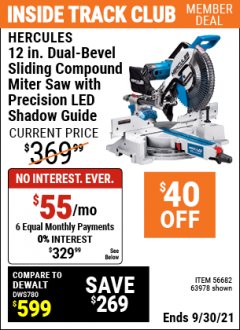 Harbor Freight ITC Coupon HERCULES PROFESSIONAL 12" DOUBLE-BEVEL SLIDING MITER SAW Lot No. 63978/56682 Expired: 9/30/21 - $329.99